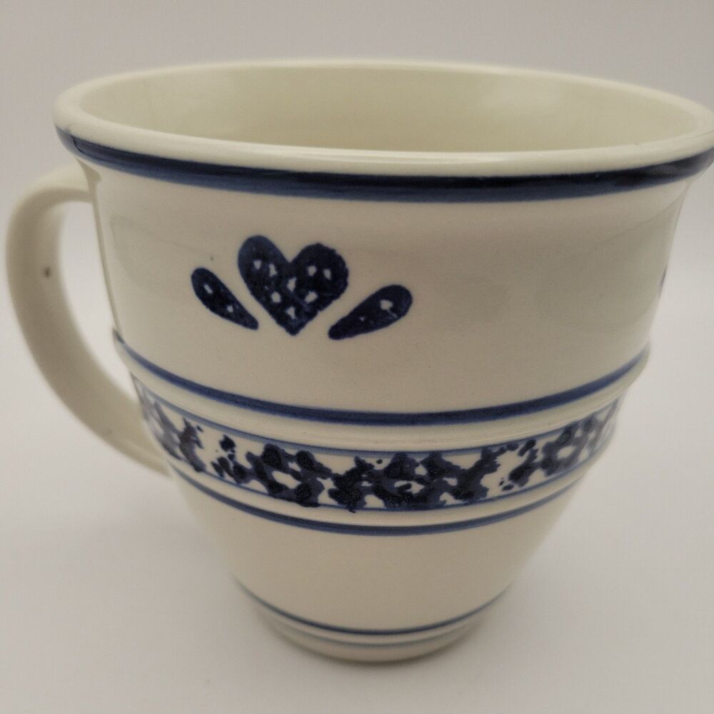 TIENSHAN Stoneware Country Crock Coffee Mug Tea Cup Blue Heart 4 1/4” Tall